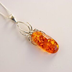 Baltic Amber Spider Pendant Necklace in Sterling Silver